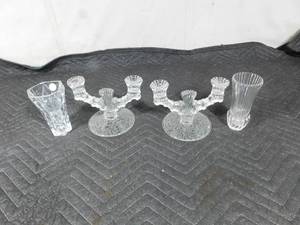 lot 58 image: Crystal vase, 1977 Avon vase, and 2 glass handle stick holders