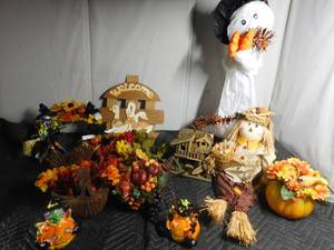 lot 88 image: Lighted fiber optic scarecrow and pumpkin, solar light gohst and more halloween decorations