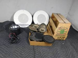 lot 119 image: 9 Speakers, crate, auto spot light