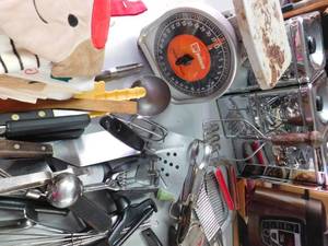 lot 146 image: Vintage kitchen utensils, scale, and more