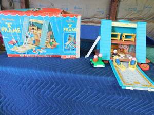 lot 158 image: Vintage Fisher price A frame house with accessories and in original box