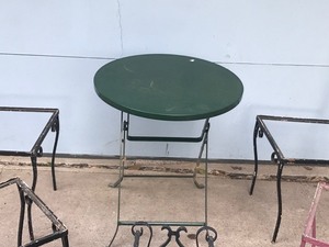 lot 396 image: 5 metal chairs, metal fold up table and metal heavy duty iron firewood holder