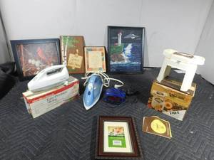 lot 180 image: Electric knife, iron, alarm clock, veg-o-matic and pictures