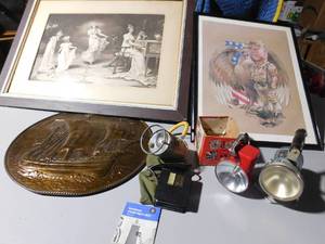 lot 482 image: 3 Vintage flashlights, brass or copper ship plaque, vintage clothing press, 2 pictures