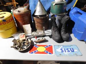 lot 490 image: Vintage metal gas and kerosene can, funnel, Coleman water cooler, rubber boots, Vintage auto parts and more