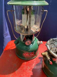 lot 13 image: Vintage Camping Set of 5 Coleman Campstove, Lanterns, Metal Cooler, Cooktop