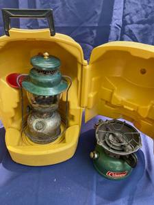 lot 62 image: Vintage Coleman Lantern in Case, Coleman Cooktop, Heater and Cookstove