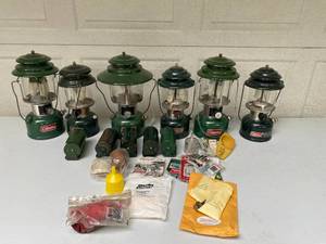 lot 25 image: Six Vintage Coleman Lanterns and Accessories