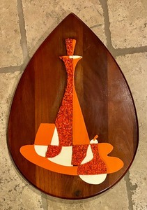 lot 9 image: Mid Century Atomic Walnut Orange Popcorn Wall Hanging Plaque, Set of Three