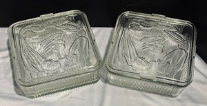 lot 159 image: (4) Federal Glass Refrigerator Dishes with Embossed Vegetable Lids