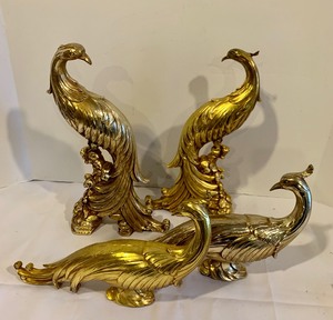 lot 80 image: Set of Four Vintage Wooden Syroco Gilded Peacock Wall Hangings, Hollywood Regency Style