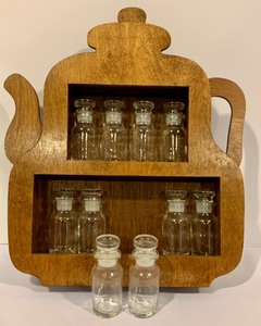 lot 214 image: Really Cute Vintage Wooden Teapot Shaped Spice Jar Holder with 10 Spice Jars