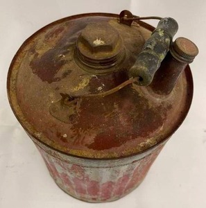 lot 311 image: Vintage Metal Deco Gas Can with Wooden Handle and Great Patina