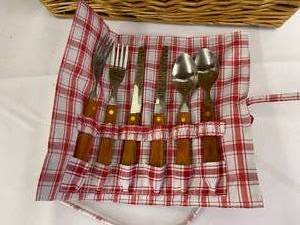 lot 328 image: Fun Wicker Picnic Basket with Utensils