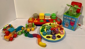 lot 217 image: Variety of Learning Toys, Wooden Shapes and Clock, Train, Popup Toys and More