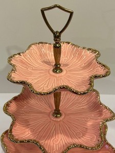 lot 41 image: MCM Retro California Pottery Pink Three Tiered Desert Stand  Three Tiered Tidbit Server