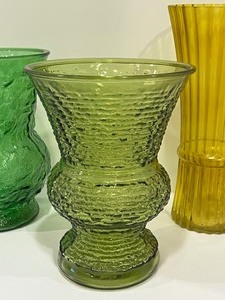 lot 256 image: Three Vintage Colored Glass Vases including an EO Brody Green Crinkle Vase