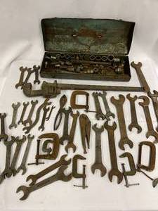 lot 349 image: Variety of Vintage Wrenches, Clamps and Tool Box