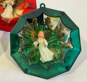 lot 45A image: Three Vintage Jewel Brite Plastic Diamond Shaped Diorama Christmas Ornaments
