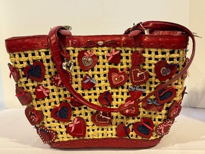 lot 393 image: NEW Brighton Linda Handbag in Red  Straw & Red Leather Denim Multi Heart Tote Bag RETIRED