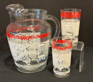 lot 385 image: Vintage Anchor Hocking Glass Juice Pitcher and Tumblers Set