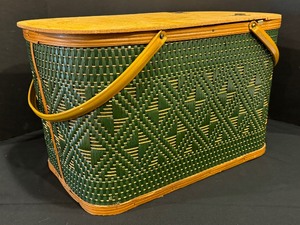 lot 287 image: Mid Century Modern Green and Brown Woven Picnic Basket with Handles