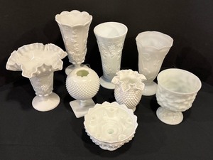 lot 288 image: Variety of Vintage Milk Glass Items including Vintage Milk Glass Vases