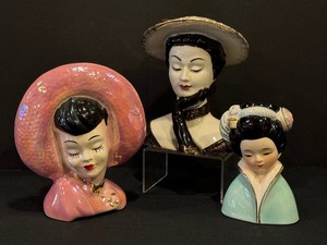 lot 290 image: Three Mid Century Head Vase including Lefton Lady Head Vase Signed Geo Z Lefton Numbered W50507