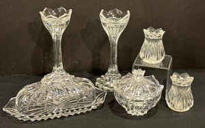 lot 283 image: Gorham Lead Crystal Candle Stick Holders, Salt & Pepper Shakers, Butter Dish and Sugar Bowl