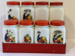 lot 438 image: Set of Eight Milk Glass Spice Bottles in Metal Holder