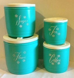 lot 228A image: MCM Retro Stanley Nesting Kitchen Canisters Turquoise Atomic Flowers Set