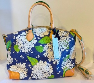 lot 404A image: Dooney & Bourke White Marine Blue Hydrangea Satchel Handbag, New with Tags