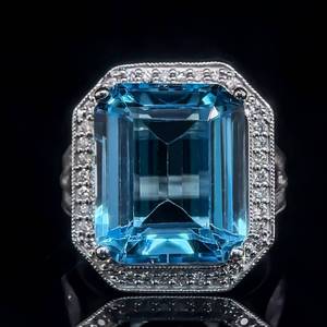 Impressive Estate XL 6.90 Carat Swiss Blue Topaz Emerald Cut Diamond Halo Pave Split Shank Ring in 14k White Gold $3,270 Retail VIDEO