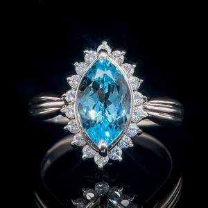 Crisp, Oceanic Blue Natural Aquamarine Marquise Cluster Halo ScallopedRibbed Ring in Platinum $4,320 Retail VIDEO
