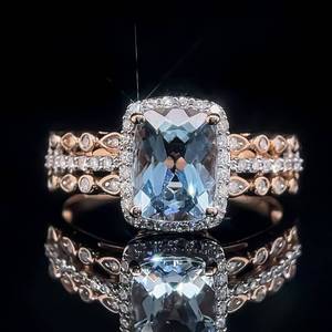 Natural Aquamarine & Diamond Rectangular Cut Solitaire Halo Triple Row Estate Ring in 14k Rose Gold $3,010 Retail VIDEO