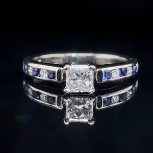 Natural Blue Sapphire & Diamond Princess Solitaire Channel Engagement Ring in 18k White Gold & Platinum Stamped $2,650 Retail VIDEO