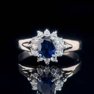 Natural Deep Blue Sapphire & Diamond Oval Cluster Diana Style Estate Ring in Platinum $2,775 Retail VIDEO