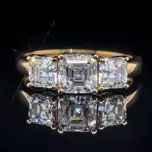 Amazing 1.80 Carat Moissanite Asscher Cut 3-Stone Style Ring in 14k Yellow Gold VIDEO