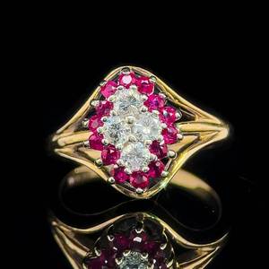 Diamond & Natural Ruby Floral Cluster Cocktail Estate Ring in 14k Yellow Gold - Graceful Nature-Inspired Triple Split Band $1,460 Retail