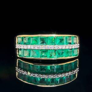 Vibrancy & Sparkle Square Natural Emerald & Diamond Triple Row Tapered Estate Ring in 14k Yellow Gold $1,999 Retail