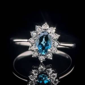 London Blue Topaz Diamond Oval Halo Cluster Diana Style Estate Ring in White Gold $1,699 Retail VIDEO