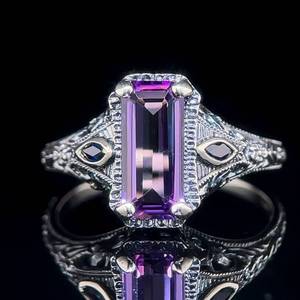Amethyst & Blue Sapphire Three-Stone Fancy Engraved Textured Milgrain Ring - Art Deco Style, Filigree Center  VIDEO 