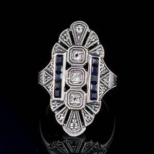 Retro White Topaz & Blue Sapphire Filigree Ring - Art Deco Style  VIDEO 