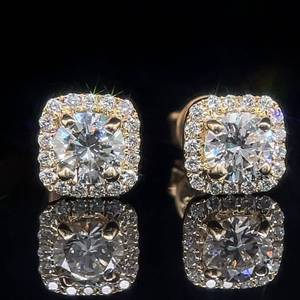 1.00 Carat Diamond Solitaire Cushion Halo Cluster Rose Bloom Stud Earrings in 14k Yellow Gold $2,880 Retail VIDEO
