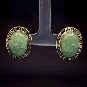Green Jade Oval Bezel Stud Earrings in 14k Yellow Gold, 8 Grams Luck & Fortune VIDEO