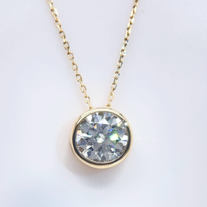 2.00 Carat Round Brilliant Cut Moissanite Solitaire Bezel Necklace in 14k Yellow Gold VIDEO