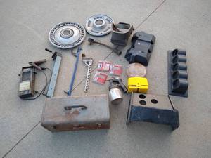 lot 161 image: Tote of Misc. - Tool Box, Battery Tester, Old Rims, Etc