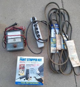 lot 169 image: Misc Lot - Volt Ammeter, Paint Stripper Kit, Vehicle Belts, Etc