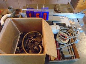 lot 150 image: Box of pulleysdrill & misc. As shown.