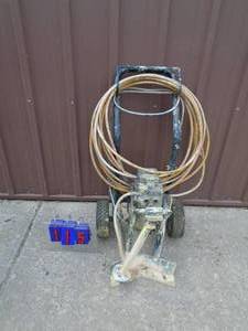Wagner 34 hp paint sprayer with hose & nozzle. Starts with a little push on motor. For parts or repair. As shown.